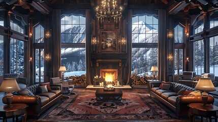 Obraz premium Cozy luxury mountain cabin living room with a warm fireplace, elegant furniture, and scenic winter view at dusk. 