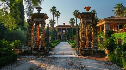 Obraz premium A serene garden pathway leading to an ornate villa flanked by decorative urns and lush foliage during golden hour 
