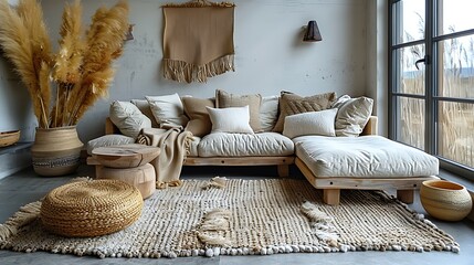 Cozy modern interior design with comfortable seating and warm neutral tones for a relaxing atmosphere.