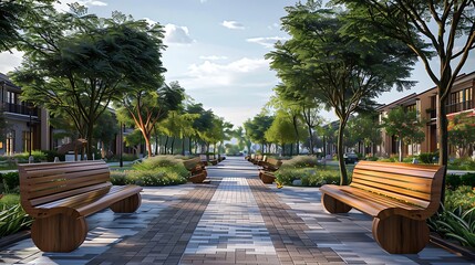 Tranquil park pathway lined with wooden benches and lush trees during a sunny day 