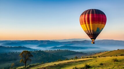 Fototapeta premium A breathtaking and inspiring landscape featuring a majestic hot air balloon soaring through the sky, adding an element of adventure and wonder to the scene, evoking feelings of beauty, freedom.