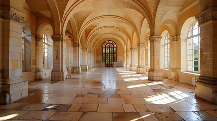 Obraz premium Sunlight bathes the spacious, empty interior of an elegant hall with high arches and checkered floors, creating a serene atmosphere suitable for various design projects.