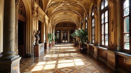 Obraz premium Elegant interior of a historic building with intricate floor design, sunlit corridor, and ornate columns. 