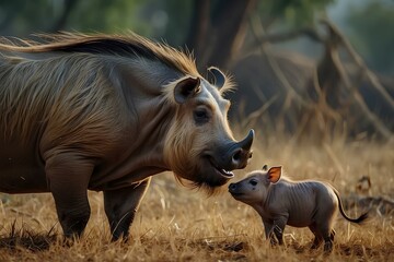 Fototapeta premium warthog and baby in the savannah