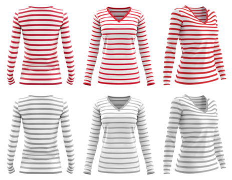 2 Set of white and red maroon grey gray stripe striped long sleeve woman tee sweater v-neck front back side view on transparent background cutout, PNG file. Mockup template for artwork design