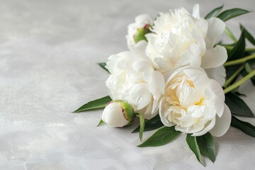 Fresh white peony flowers on light gray table background. Empty place for emotional, sentimental text, quote or sayings. HD, realistic, copy space, Generative ai