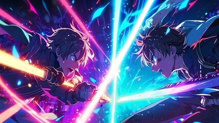 A stunning scene of an epic battle between anime warriors, their eyes glowing with neon colors, capturing the intensity and drama of the fight with vibrant, electrifying energy.