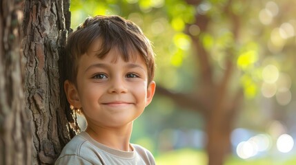 A cheerful young boy standing by the tree