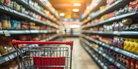 Supermarket aisle with empty red shopping cart in grocery store setting. Concept Retail, Shopping, Supermarket, Groceries, Empty Cart