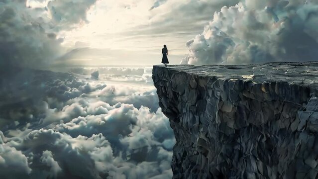Concept Art of a Woman Standing on the Edge of a Rock Ledge With a View of a Vast Cloudy Sky
