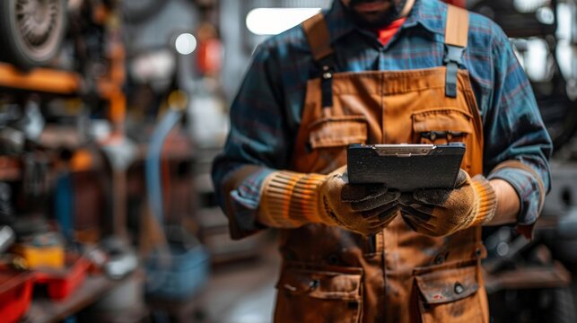 A mechanic in a workshop, wearing gloves, checks a tablet.