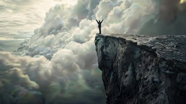 Concept Art of a Man With His Arms Raised Standing on the Edge of a Rock Ledge With a View of a Vast Cloudy Sky