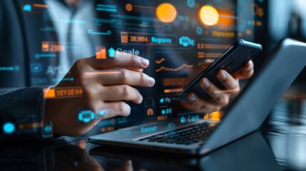A person working on a laptop and using a smartphone with digital data flowing around them.  The image represents the interconnectedness of technology in the modern world.