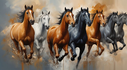 Abstract paint image of seven horses running, with paint spots and strokes. detailed Large strokes, mural, art style, vastu art, oil painting style image art
