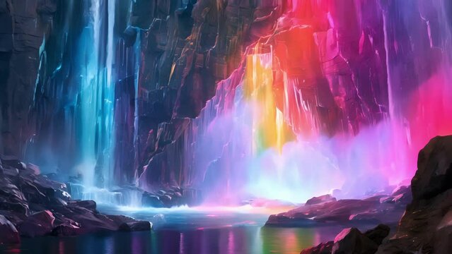 Cascading waterfalls of luminescent crystals cascaded down the cavern walls casting a mesmerizing rainbow of colors throughout the space.