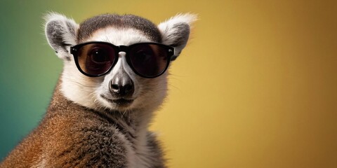 Lemur with Sunglasses on a Solid Background, Featuring Ample Copy Space
