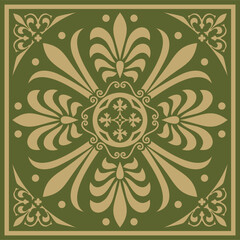 Vector gold with green classic Greek square ornament. Rectangle of Ancient Greece and Roman Empire. Byzantine painting of walls, floors and ceilings. Decoration of European palaces
