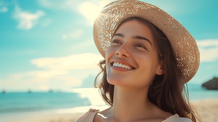 Portrait of a delighted young woman smiling at the beach side. Enjoying the sunny day with a coral background. 8k, realistic, full ultra HD, high resolution, cinematic photography
