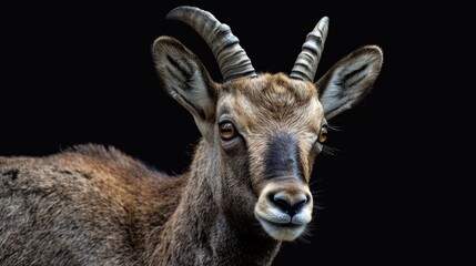 Obraz premium Close up Portrait of a Standing Alpine Ibex on an Isolated Black Background