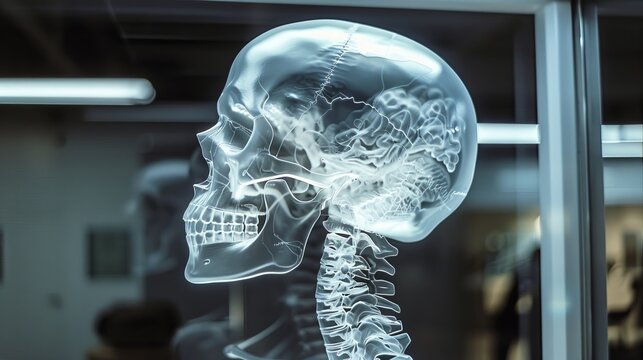 An x-ray of a real person's head, showing transparent skull bones, brain structures, and sinuses, displayed on a light panel in a neurology office.