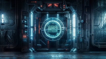 Obraz premium Futuristic Sci Fi Door with Complex Mechanisms and Holographic Displays