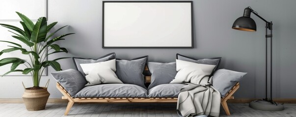 A living room with a white framed picture on the wall