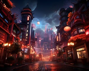 Night scene of a street in the old town of Shanghai, China