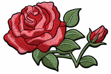 Embroidery red rose with green leaves on black background. Stock line vector illustration.