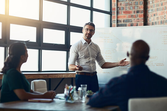 Office, man and whiteboard with presentation for business people, employees and corporate meeting. Boardroom, manager and public relation team with information, planning and listening in training