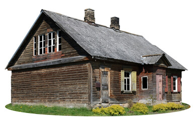 Ruined abandoned wooden village house barn isolated