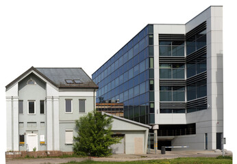 A new modern building was built next to a destroyed old house isolated