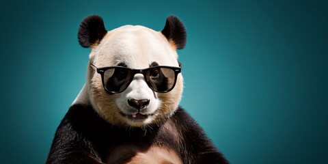 Obraz premium Panda with Sunglasses on a Solid Background, Featuring Ample Copy Space 