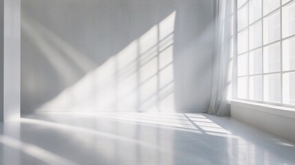 Obraz premium High-definition 3D render of a minimalist studio background with a pristine white wall and gentle sunrays, produced with Unreal Engine