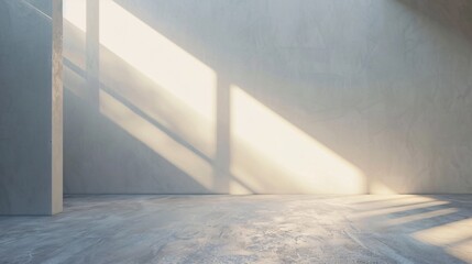 Obraz premium Realistic 3D Unreal Engine render of a minimalist studio space, featuring a white wall and illuminated by sunrays