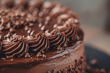 Close-up of a detailed chocolate cake in celebration of world chocolate cake day. Perfect for dessert menus, event promotions, and sweet treat social media posts.