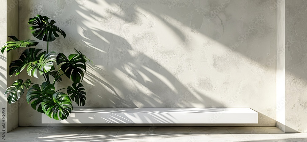 Poster a white wall with a plant on it and a bench in front of it