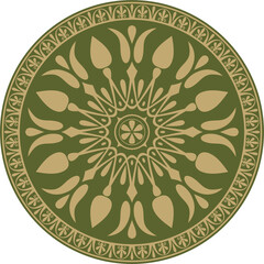 Vector gold with green classic Greek round ornament. Circle of Ancient Greece and the Roman Empire. Byzantine painting of walls, floors and ceilings. Decoration of European palaces