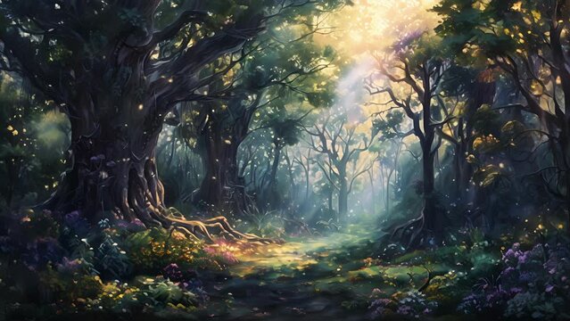 In the heart of the forest there is a clearing where magical trees stand tall and proud their branches shimmering and sparkling with a touch creating a fairy talelike scene.