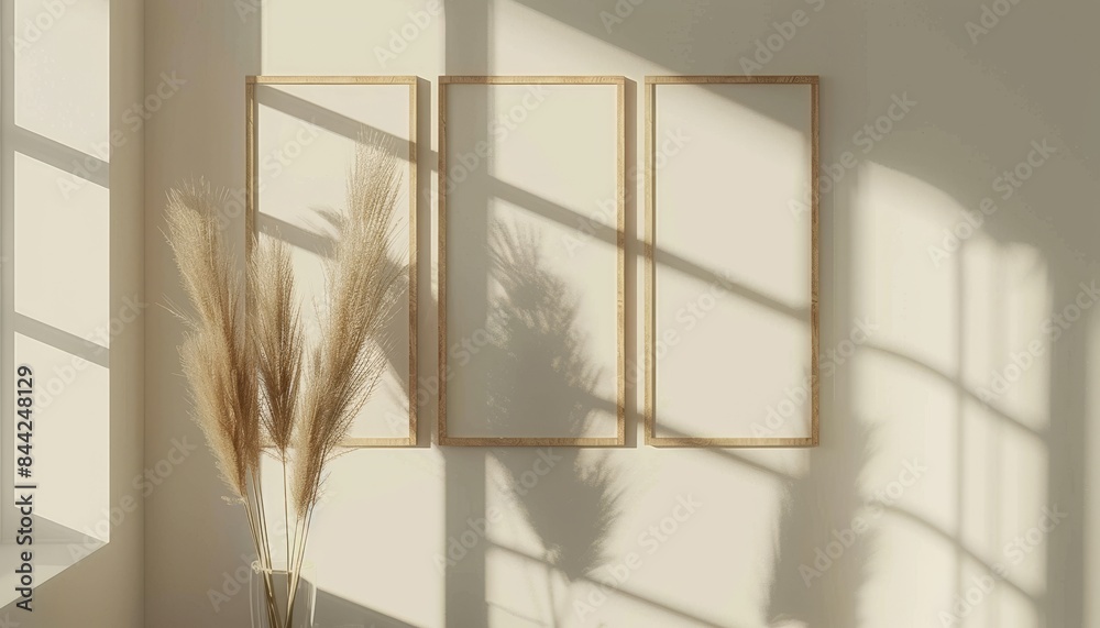 Poster a white wall with three empty frames and a potted plant in the foreground