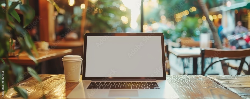 Poster A laptop is open on a table in a cafe