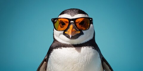 Fototapeta premium Penguin with Sunglasses on a Solid Background, Featuring Ample Copy Space 