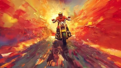 Oil Painting of a Person Riding a Motorcycle Against a Sunburst Pattern Backdrop - Powered by Adobe