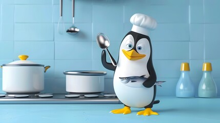 Fototapeta premium Illustration of Penguin chef holding a spoon and knife, standing in front of a tiny stove, cooking a fish, adorable and playful. Ai Generate.