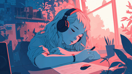 ヘッドフォンをして机で居眠りする女性