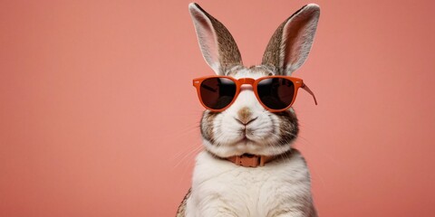 Rabbit with Sunglasses on a Solid Background, Featuring Ample Copy Space
