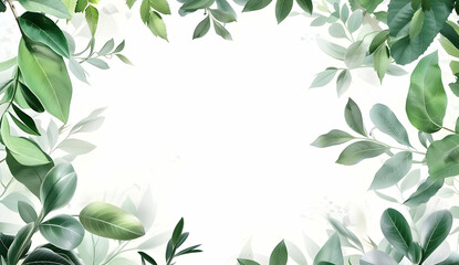 Fototapeta premium Green leaves frame a white background, creating a natural and elegant border. Perfect for invitations, cards, or branding.