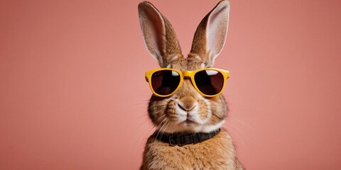 Rabbit with Sunglasses on a Solid Background, Featuring Ample Copy Space
