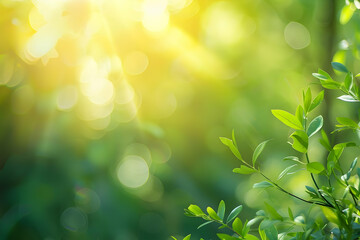 Fototapeta premium Sunlight filters through lush green leaves in a vibrant natural setting.