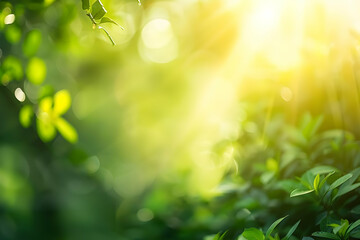Sunlight filters through lush green foliage, creating a warm and vibrant natural background.