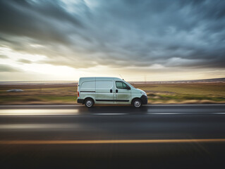 Fototapeta premium A grey van drives down a city street at night.